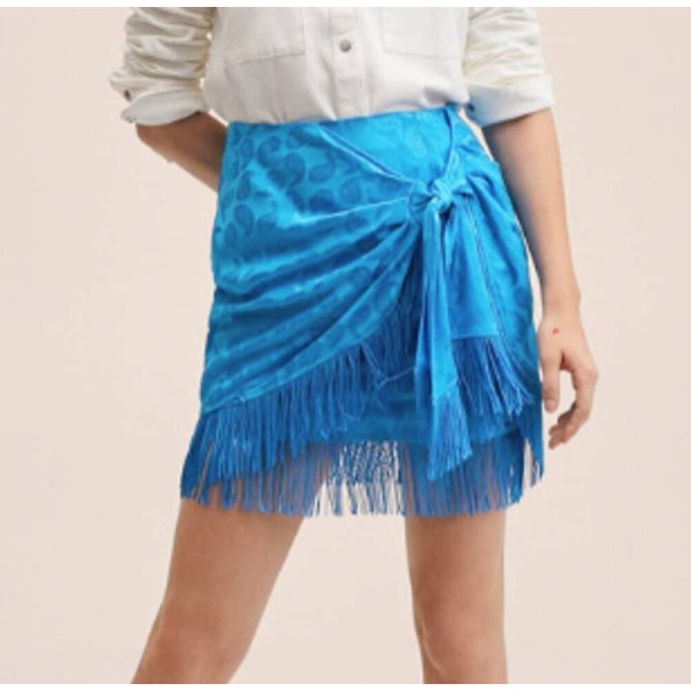 MANGO Blue Paisley Fringe Tassel Trim Jacquard Bandana Print Wrap Skirt Size XL